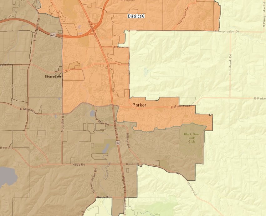 A preliminary draft map of Colorado's proposed congressional district boundaries shows Parker split between the 6th District (orange) and the 7th District (brown). The 4th District is shown in yellow.